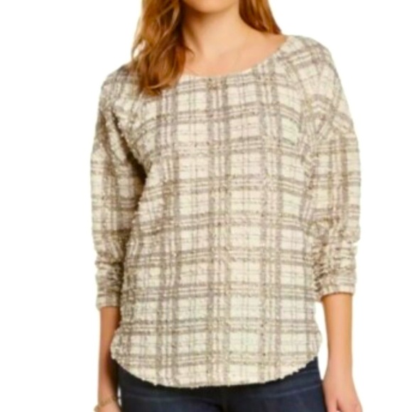 J.O.A. Metallic Textured Plaid Boucle Knit Zip Back Top in Cream &  Gold - Picture 1 of 9